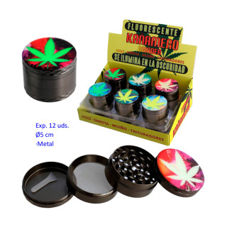 EXPOSITOR 12 GRINDERS METALICOS KAÑAMERO 4 PARTES 0,5 DIAMETRO MARIA BRILLO EN LA OSCURIDAD
