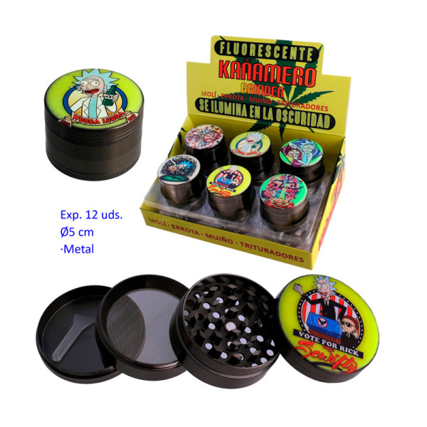EXPOSITOR 12 GRINDERS METALICOS KAÑAMERO 4 PARTES 0,5 DIAMETRO RICK BRILLO EN LA OSCURIDAD